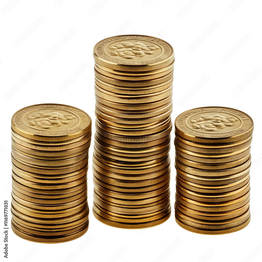 Poster three stacks of gold coins increasing in value on transparent background