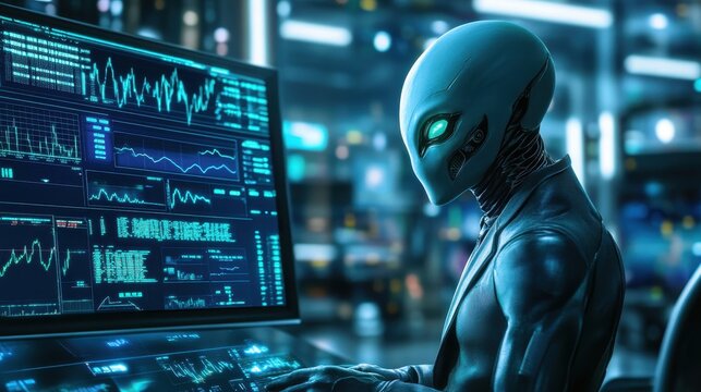 A professional alien businessman in a high-tech control room, analyzing stock market patterns on holographic displays in a sci-fi setting.