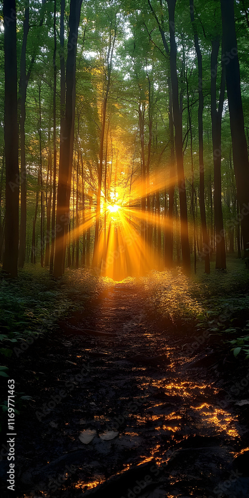 Poster sun rays through forest trees on path.