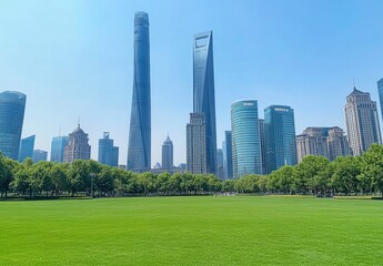 Obraz premium Beautiful green lawn with skyscrapers in the background, city park landscape. Modern urban architecture with copy space. Cityscape of Shanghai, China, Lujiazui business district. Bright sky. 