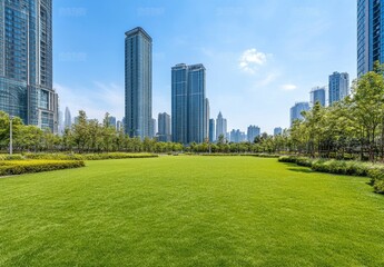 Obraz premium Beautiful green lawn with skyscrapers in the background, city park landscape. Modern urban architecture with copy space. Cityscape of Shanghai, China, Lujiazui business district. Bright sky. 