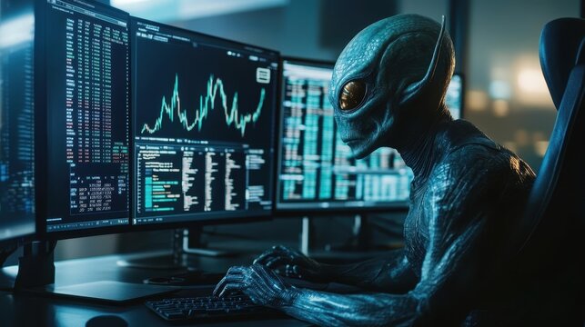 An alien businessman in a futuristic office, closely analyzing stock market trends displayed on multiple holographic monitors, with a sci-fi vibe.