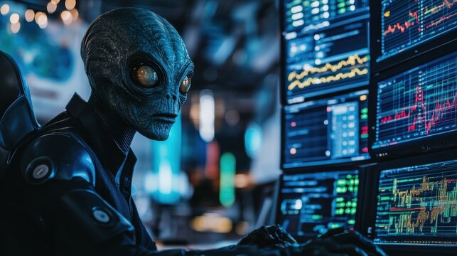 An alien businessman in a futuristic office, closely analyzing stock market trends displayed on multiple holographic monitors, with a sci-fi vibe.