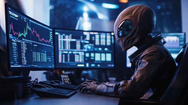 An alien businessman in a futuristic office, closely analyzing stock market trends displayed on multiple holographic monitors, with a sci-fi vibe.