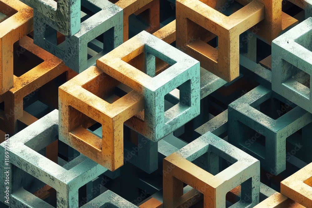 Poster interlocking teal and gold metal cubes create a complex, abstract 3d structure.
