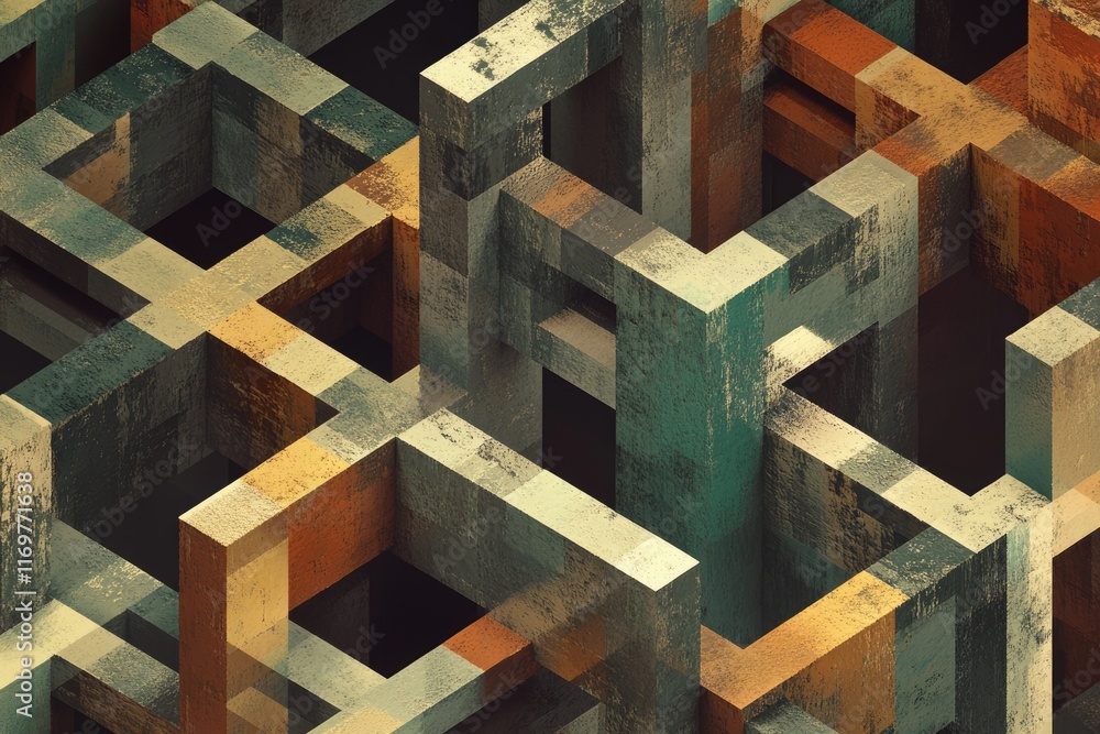Aufkleber abstract 3d rendering of interconnected cubes with a textured, aged look in earthy tones.