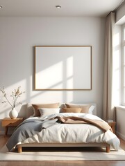 bedroom interior with frame mockup above bed, gray walls, earthy bedding, wooden nightstand, ceramic lamp, and natural light, minimalist style, 3d render