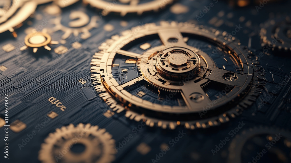 Poster intricate golden gears and circuits create stunning mechanical design