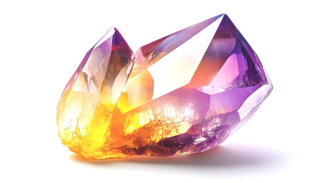 one single ametrine quartz cluster isolated on solid white background