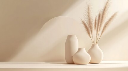 Fototapeta premium Three Beige Vases with Pampas Grass Arrangement