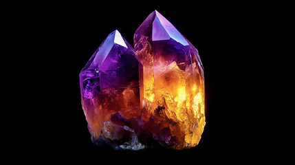 one single ametrine quartz cluster isolated on solid black background