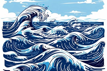 Stormy ocean waves with a small boat on the horizon. Hand-drawn digital illustration. Sea and nature concept. Design for poster, banner, card, invitation, print, wallpaper.