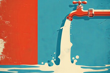 Metal water tap with milk pouring from the faucet against a red and blue textured background. Digital illustration. Food and beverage concept. Design for poster, print, banner, postcard.