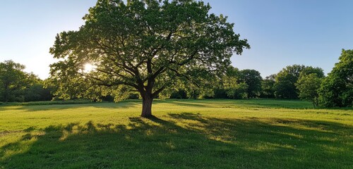 Fototapeta premium Beautiful green tree in a park with a sunlit, clear sky background. Nature landscape banner, panoramic view. Summer season nature concept. Wide-angle lens, panoramic view. A large oak tree stands on t