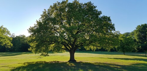 Fototapeta premium Beautiful green tree in a park with a sunlit, clear sky background. Nature landscape banner, panoramic view. Summer season nature concept. Wide-angle lens, panoramic view. A large oak tree stands on t