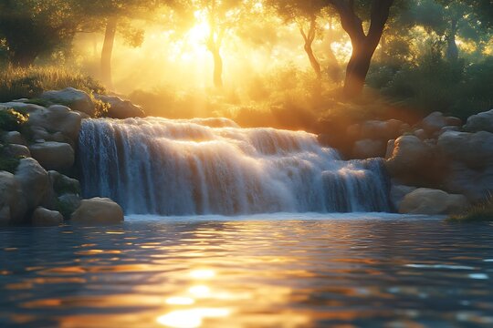 Sunlit waterfall cascading into serene pool.