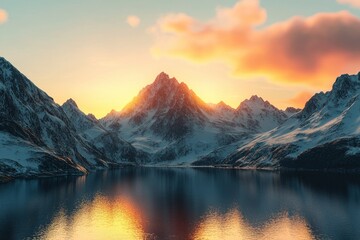 Beautiful mountain sunset with snow on the peaks and reflection in lake, Alps mountains landscape. photorealistic, high resolution photography, insanely detailed, fine details, professional color 