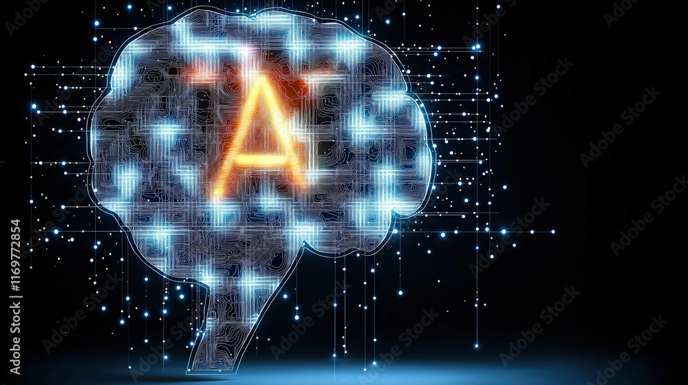 Poster digital brain illustration with glowing circuits and ai symbol, representing technology and innovati