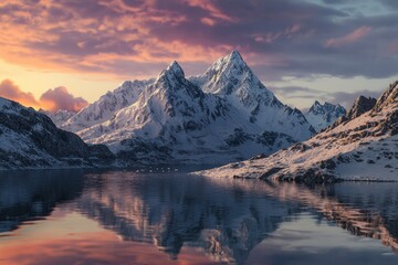 Fototapeta premium Beautiful mountain sunset with snow on the peaks and reflection in lake, Alps mountains landscape. photorealistic, high resolution photography, insanely detailed, fine details, professional color 