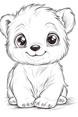 Adorable Cartoon Bear Illustration with Big Eyes and Fluffy Fur in Black and White Style drawing and coloring page for printable