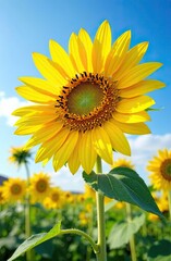 Fototapeta premium Bright sunflowers bloom under a clear blue sky in a beautiful field during summer