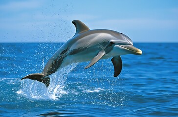 Fototapeta premium Delfin pływający w błękitnym oceanie, uchwycony w stylu fotografii National Geographic.