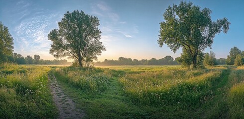 Fototapeta premium Beautiful summer landscape with a green meadow, trees, and a path under a blue sky on a sunny morning. Panoramic view of a natural scene on a field at sunrise. Spring background with copy space. HD