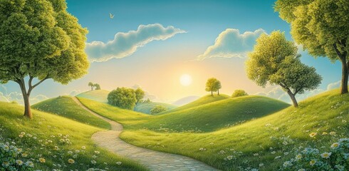 Beautiful summer landscape with a green meadow, trees, and a path under a blue sky at sunrise in Germany. featuring high-quality, high-resolution, professional photography with natural lighting