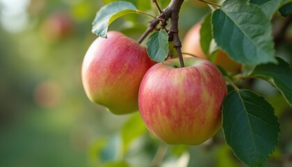 Obraz premium Two ripe, red apples dangle gracefully from a lush green branch, surrounded by vibrant leaves. This image captures the essence of natures bounty, evoking feelings of freshness and the joy of harvest.