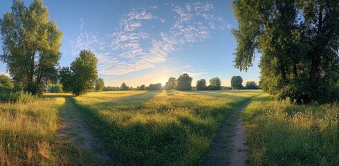 Fototapeta premium Beautiful summer landscape with a green meadow, trees, and a path under a blue sky at sunrise in Germany. featuring high-quality, high-resolution, professional photography with natural lighting