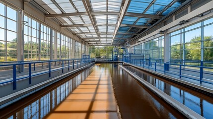 Obraz premium Modern water treatment plant interior with sunlight reflecting on the water.
