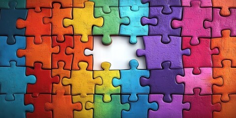 A colorful jigsaw puzzle with one piece missing, showcasing vibrant hues and textures, symbolizing creativity and problem-solving.