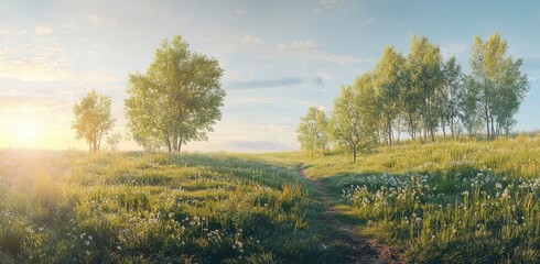 Naklejka premium Beautiful summer landscape with a green meadow, trees, and a path under a blue sky at sunrise in Germany. featuring high-quality, high-resolution, professional photography with natural lighting