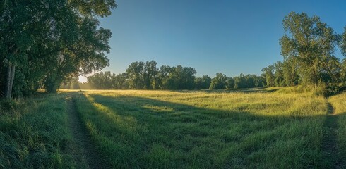 Obraz premium Beautiful summer landscape with a green meadow, trees, and a path under a blue sky at sunrise in Germany. featuring high-quality, high-resolution, professional photography with natural lighting