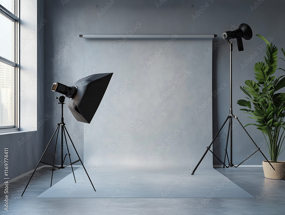 Poster a gray studio room with soft lighting serves as a backdrop for product display in this stock photo