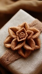 Fototapeta premium A beautifully wrapped gift adorned with a handmade flower and a knitted ribbon, creating a warm and inviting aesthetic.
