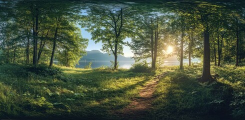 Beautiful summer landscape with a green meadow, trees, and a path in the morning sun. Panoramic view of an idyllic countryside at sunrise with a blue sky, high-resolution photography, professional col