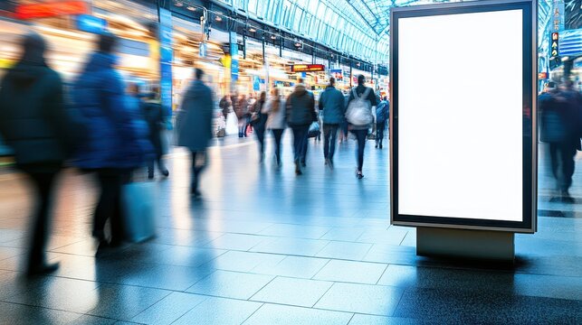 An empty blank billboard or advertising poster positioned in a bustling train station, surrounded by blurred figures of people moving in the background.