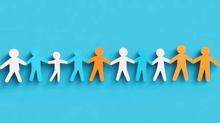 An illustration featuring a group of paper cutout figures joining hands, symbolizing teamwork, unity, and mutual support.