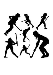 Female field hockey player action silhouettes
