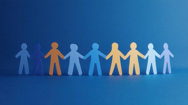 An illustration featuring a group of paper cutout figures joining hands, symbolizing teamwork, unity, and mutual support.
