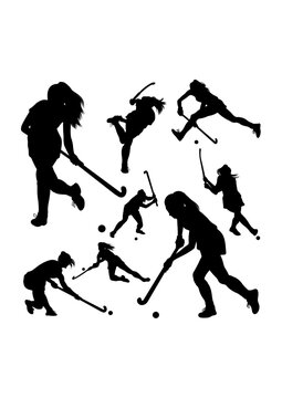 black silhouettes field hockey players action clip art preview