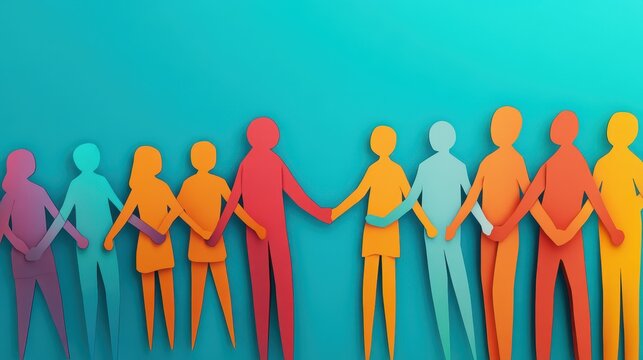 An illustration featuring a group of paper cutout figures joining hands, symbolizing teamwork, unity, and mutual support.
