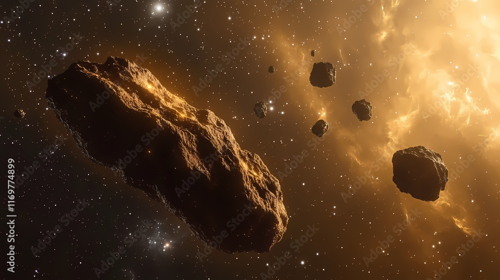 Wall mural a stunning cosmic scene featuring asteroids floating in deep space with distant galaxies illuminated