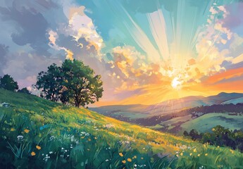 Obraz premium Beautiful summer landscape with green grass on the mountain hill and a beautiful sunset sky over the mountains in the background, with copy space for text. high resolution.