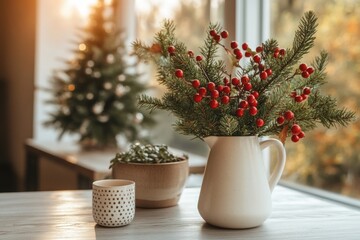 Christmas centerpiece with red berries and evergreen branches in a white pitcher, creating a cozy holiday atmosphere.