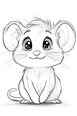 Adorable Cartoon Mouse Character with Big Eyes and Charming Smile in a Linear Style drawing and coloring page for printable