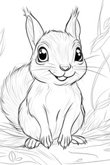 Charming Cartoon Squirrel Character Illustration with Expressive Eyes and Playful Posture drawing and coloring page for printable