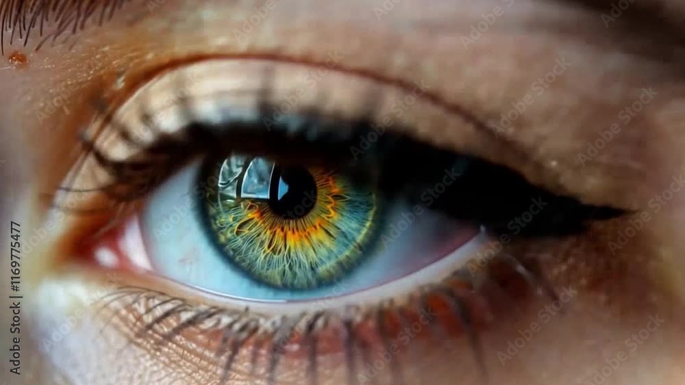 Poster Close-up of a human eye displaying stunning colors and intricate patterns that evoke circuit designs, reflecting a blend of biology and technology. The bright hues create a captivating visual effect.