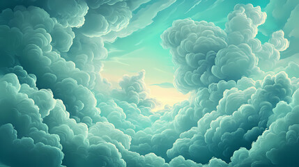 An ethereal scene of swirling teal and gray clouds filling the sky with dramatic and mysterious natural energy. celestia. illustration. Celestia. Illustration